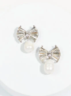 Rhinestone Bow Pearl Earrings