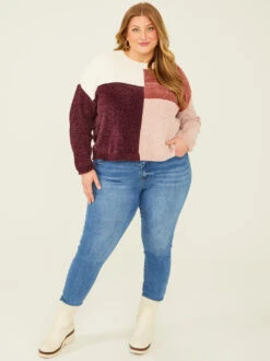 Zoey Colorblock Sweater -Deals Trending US Clothes Store 001913 SW223CRW BURGUNDY MULTI 01