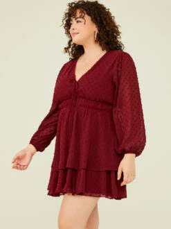 Adelyn Clipdot Dress -Deals Trending US Clothes Store 003041 PLD45320 018 BURGUNDY 01
