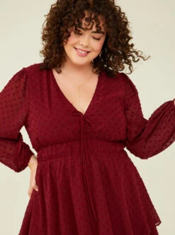 Adelyn Clipdot Dress -Deals Trending US Clothes Store 003041 PLD45320 018 BURGUNDY 03