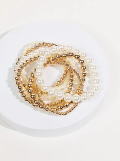 Pearl & Gold Beaded Bracelet Set